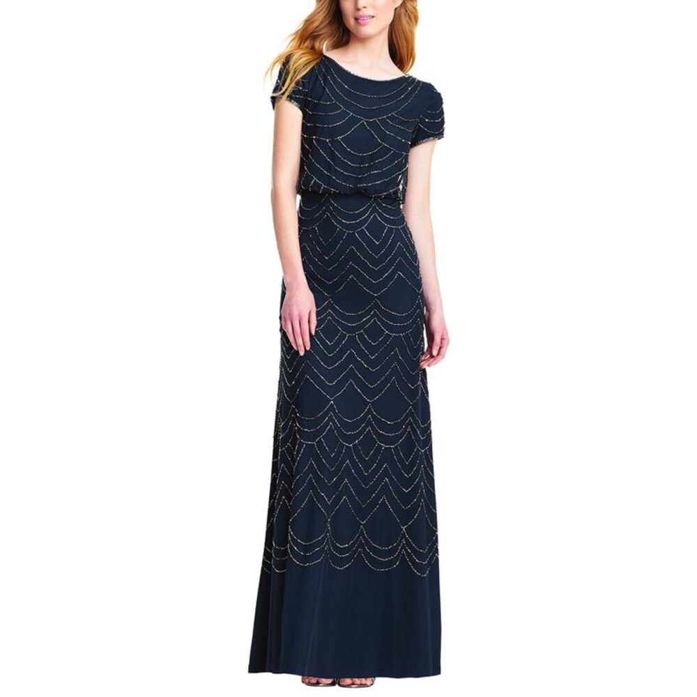 Adrianna Papell Womens Beaded Blouson Petite Gown